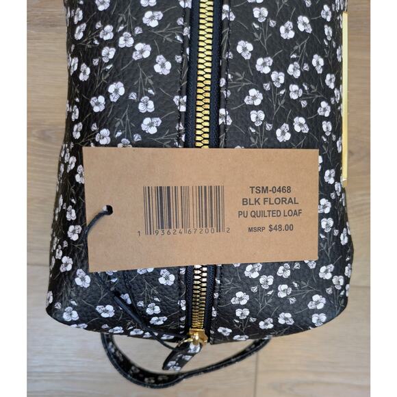 NEW Steve Madden Large Cosmetic Bag Black White Mini Floral Coated Quilted Lined - Picture 8 of 11